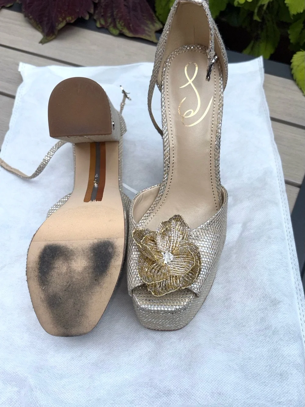 Sam Edelman Gold Sparkle Platform Block Heels with Floral Appliqué